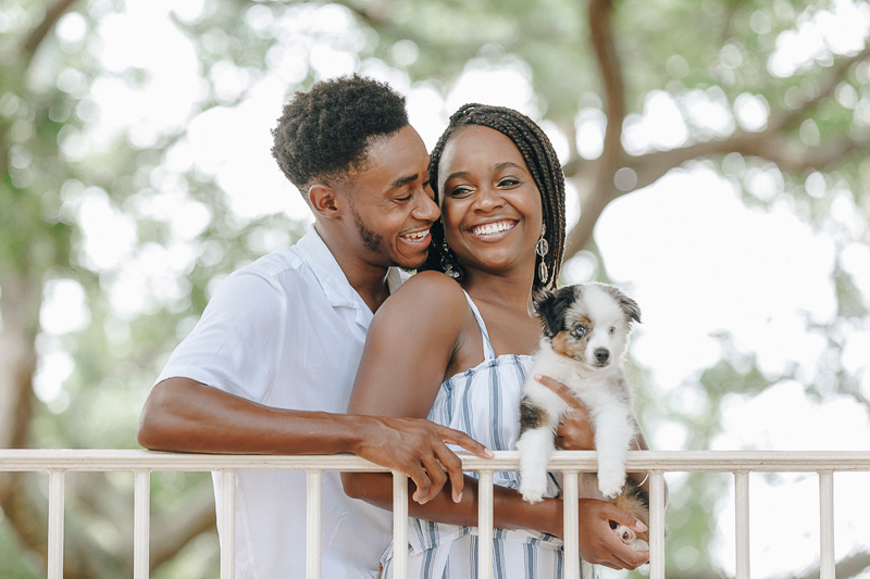 happy couple and their puppy, ©Charleston Photo Art, LLC | dog-friendly photography ideas