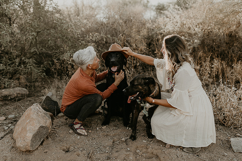 couple and their dogs, woman placing hat on a black lab, ©Kali M Photos | Arizona engagement photography