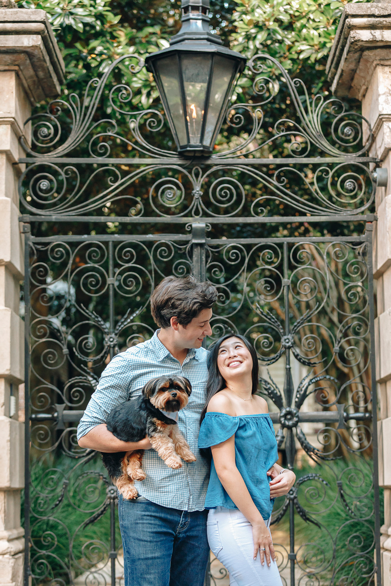 couple and their dog in front of metal gate, Legare St, Charleston Photo Art