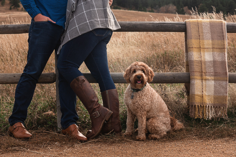 doodle and couple in front of split rail fence, plaid blanket draped over fence, dog-friendly engagement ideas | ©Nicole Andre Photography
