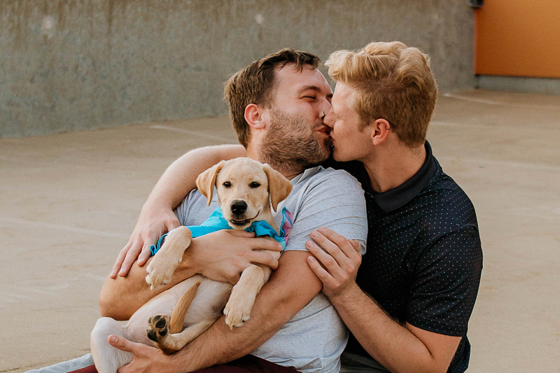 adorable family photos, 2 men and a puppy, ©Stevie Nicole Photography | Dog-friendly Kansas City Wedding & Couples Photographer