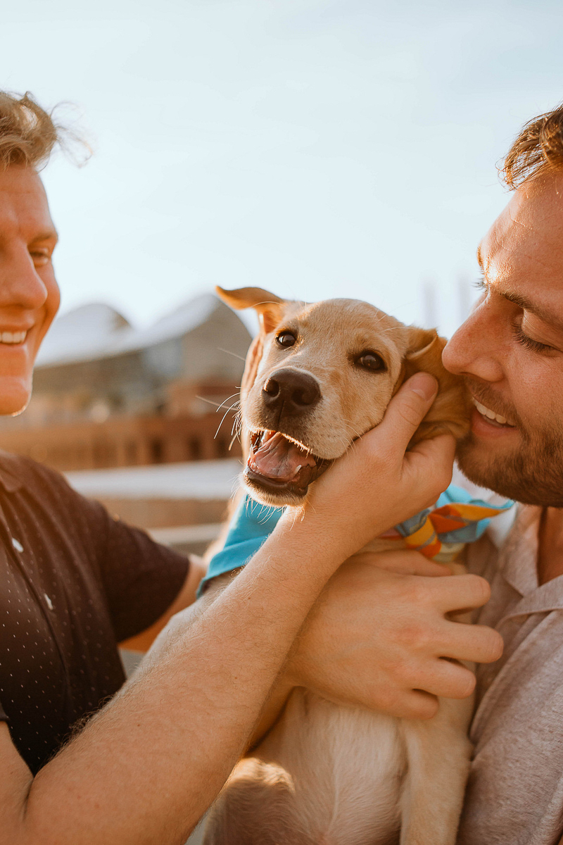 two men holding Yellow Lab puppy, sweet candid photo session of couple and their dog | ©Stevie Nicole Photography, Kansas City, MO