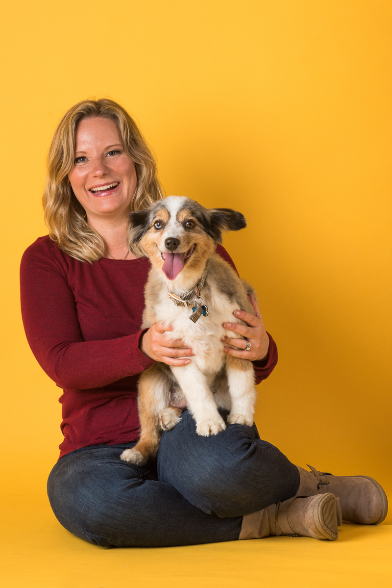 woman holding happy senior dog in her lap, Mini-Aussie, Syracuse studio pet photography | © Alice G Patterson Photography