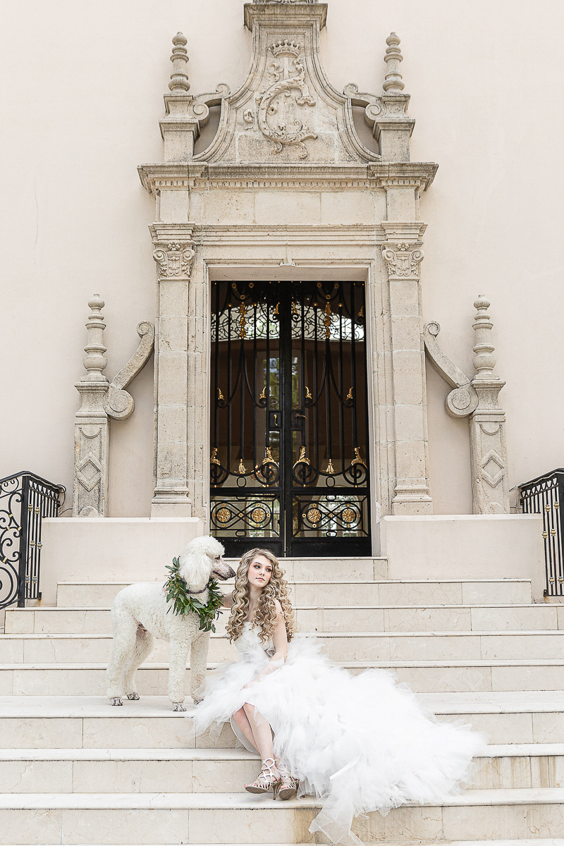 standard poodle and bride on steps | ©C. Baron Photography | dog-friendly bridal shoot, Houston, TX