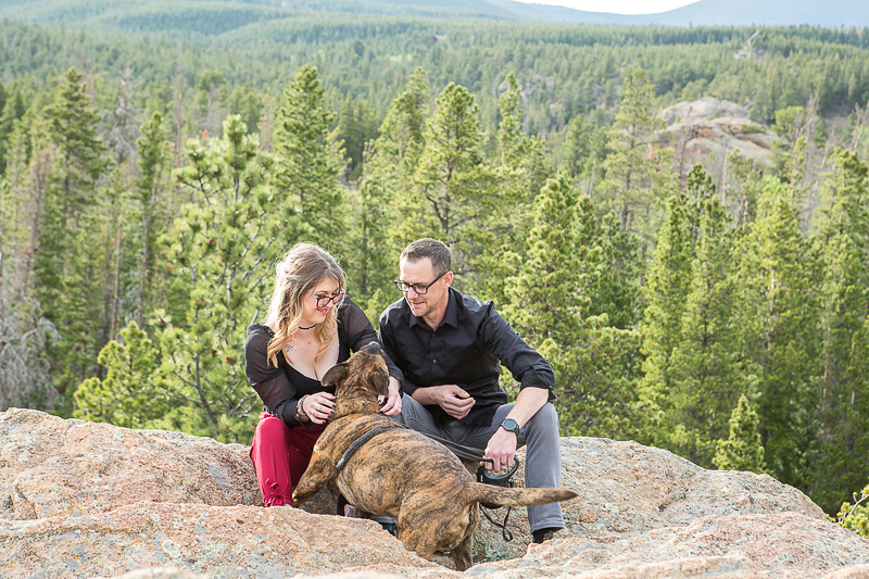 brindle dog and his favorite people, dog photography ideas, mountain photoshoot, Allenspark, © Nichole Emerson Photography | dog-friendly portrait session