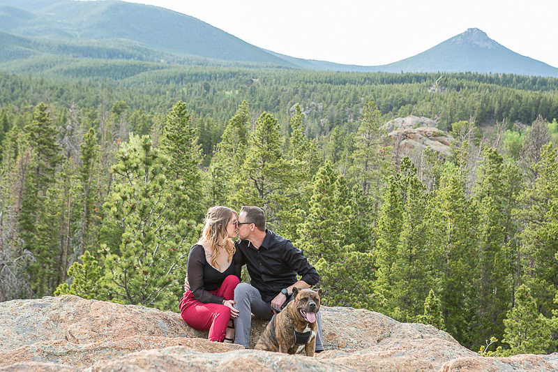  couple and their dog on outcrop, mountains in background© Nichole Emerson Photography | dog-friendly portrait session
