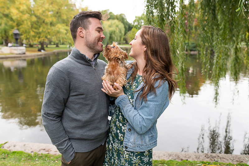 Yorkie and couple in front of pond, ©Jess Sinatra Photography | Boston Wedding & Engagement Photographer