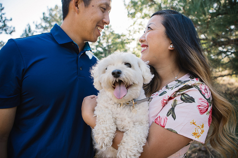 couple holding Maltipoo, dog-friendly engagement Lake Cuyamaca, California ©Stephanie Fong Photography, 