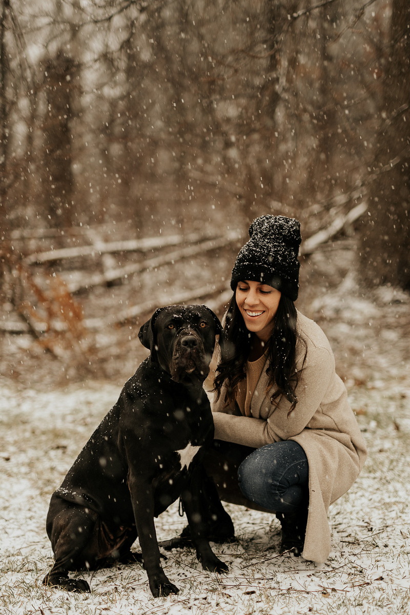 large breed dog with white star on chest and woman in the woods, winter dog portraits | ©Tomo.photography | London, Ontario