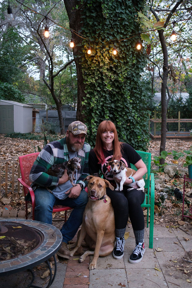 couple and their 3 dogs, family portraits on patio | © Hallie Sigwing Photography, Denton, Texas