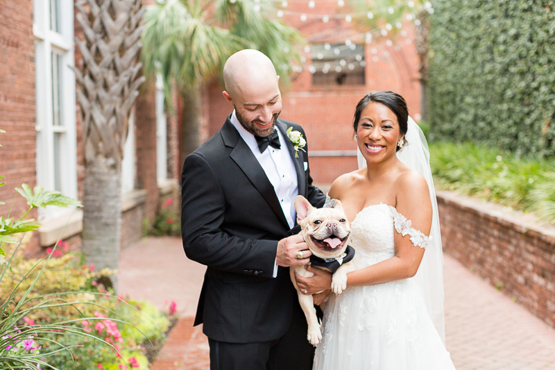 couple holding their French Bulldog, dogs at wedding, © Jessica Hunt Photography 