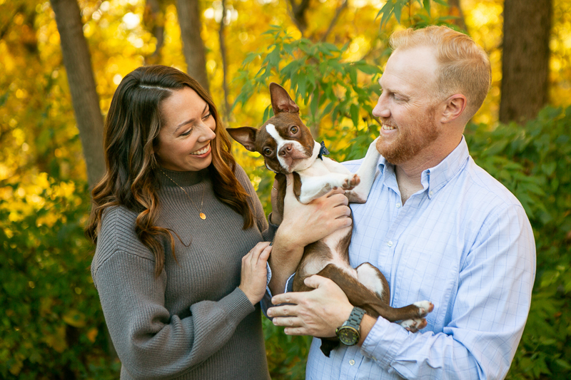 couple holding Boston Terrier puppy, yellow leaves in background | ©Mandy Whitley Photography, Nashville, TN