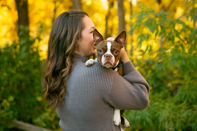 woman holding Boston Terrier puppy, dog photography ideas | ©Mandy Whitley Photography
