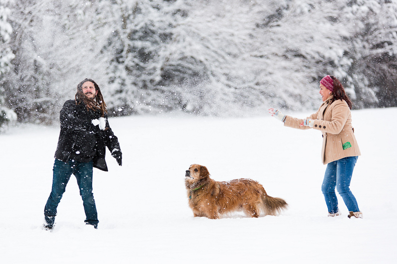 couple and their dog playing in the snow | ©Megan Rei Photography | dog-friendly family portraits, Bealeton, VA