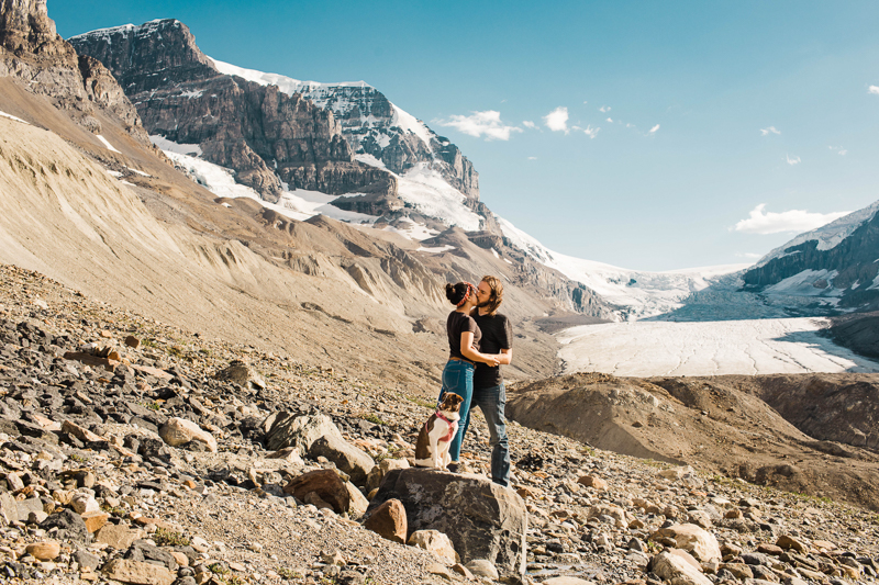 dog and humans in rocky canyon, snow on mountains | ©Sheena Shahangian Photography | Adventure Elopement Photography