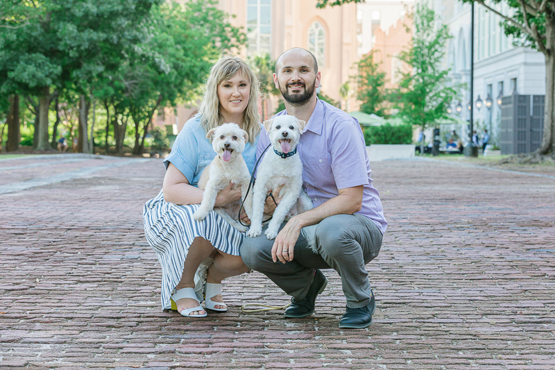 couple and their dogs on brick road, on location portraits | ©Charleston Photo Art, dog-friendly family portraits 