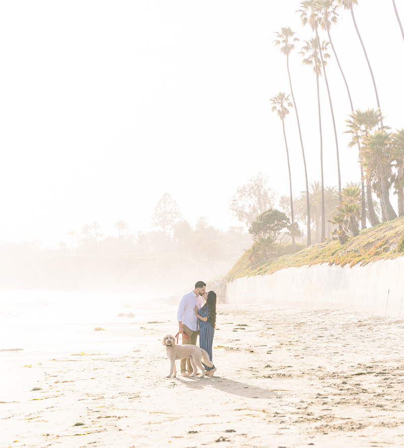 couple kissing while dog looks towards camera | Butterfly Beach engagement session | © Fig + Willows Studio