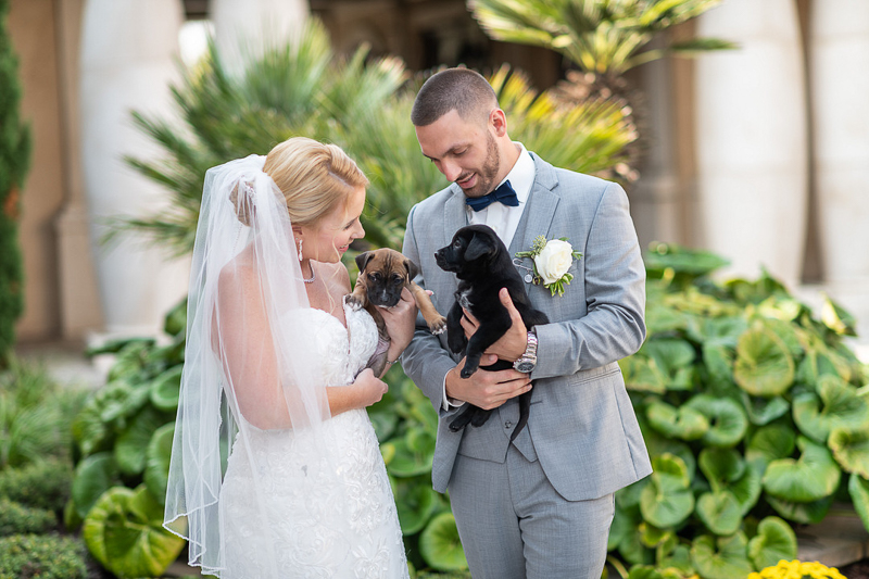 ideas to raise animal rescue awareness, bride and groom holding rescue puppies | ©Ryan Smith Photography, Myrtle Beach, SC