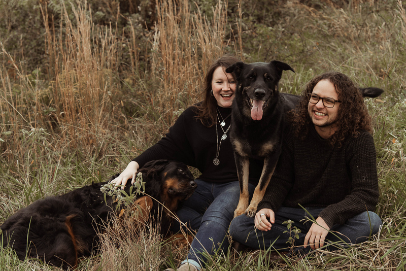 fall engagement photos with two dogs | ©Emily Swan Photography, Memphis, TN