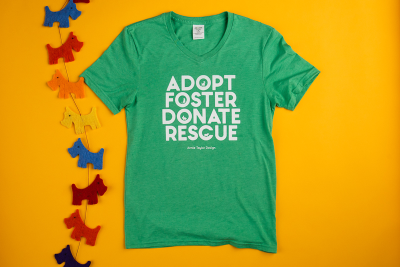 green adopt foster donate rescue t-shirt in youth and adult sizes, ©Alice G Patterson of Loving My Company