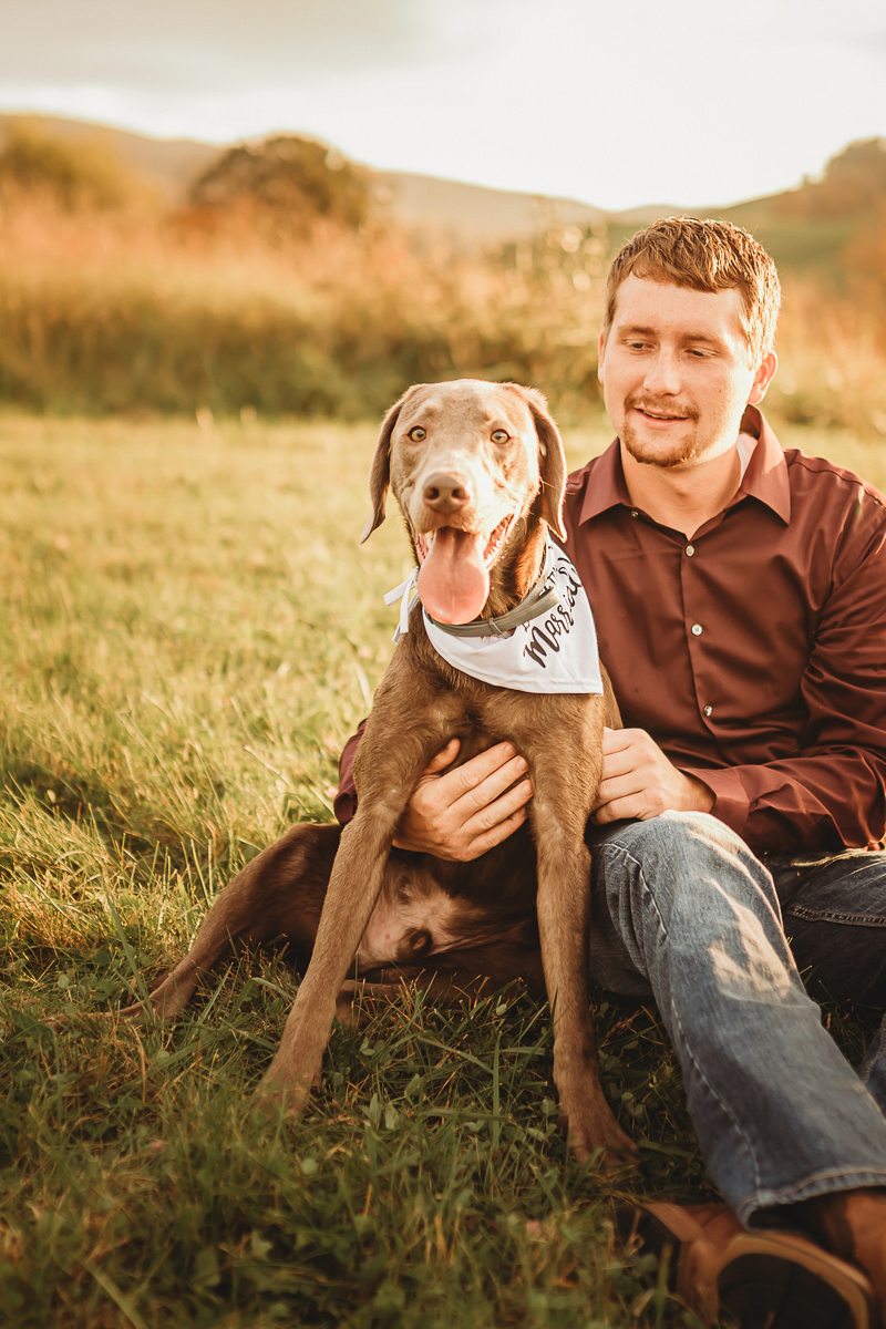 Silver Lab and man in country setting, dog-friendly engagement session | ©Amanda Gibson Photography | dog-friendly portraits