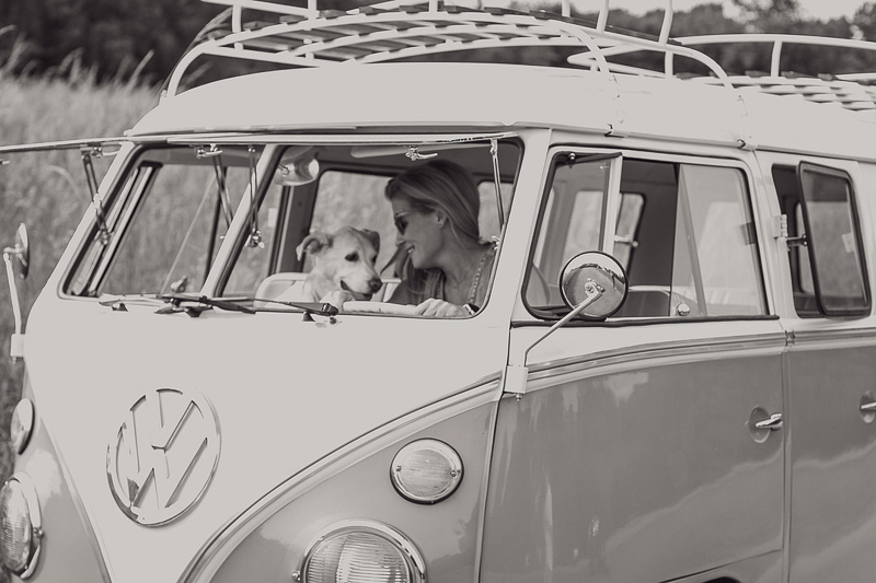 black and white photo of woman and old dog in vintage van | ©Leah Hargrove Photography, lifestyle middle TN portraits