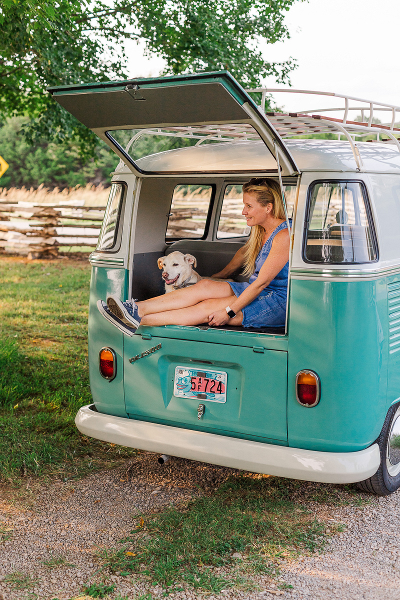 Joy on Wheels, dog and woman in back of VW bus | ©Leah Hargrove Photography, Murfreesboro, TN
