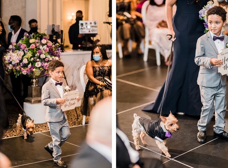 cute boy carrying "here comes the bride sign" Yorkie, dog of honor, ©Pharris Photos