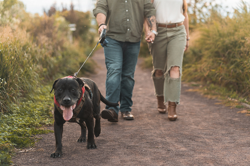 couple walking dog on path through natural area | dog-friendly engagement pictures, © Dawnpoint Studios