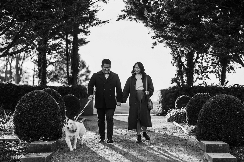 couple walking dog through formal garden black and white engagement photos | © Terrence Irving Photography 