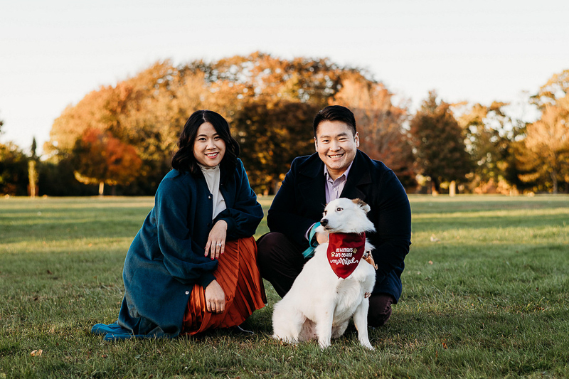 fall dog-friendly engagement, couple and their dog in parklike setting | ©Terrence Irving Photography