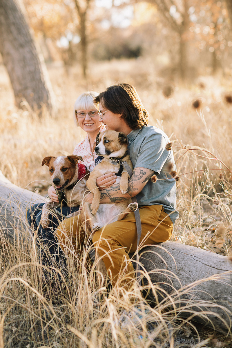 Dog-friendly photo session with Beagle mix and Red Heeler mix, couple sitting on fallen tree with their dogs | ©Tessa Klingensmith Photography