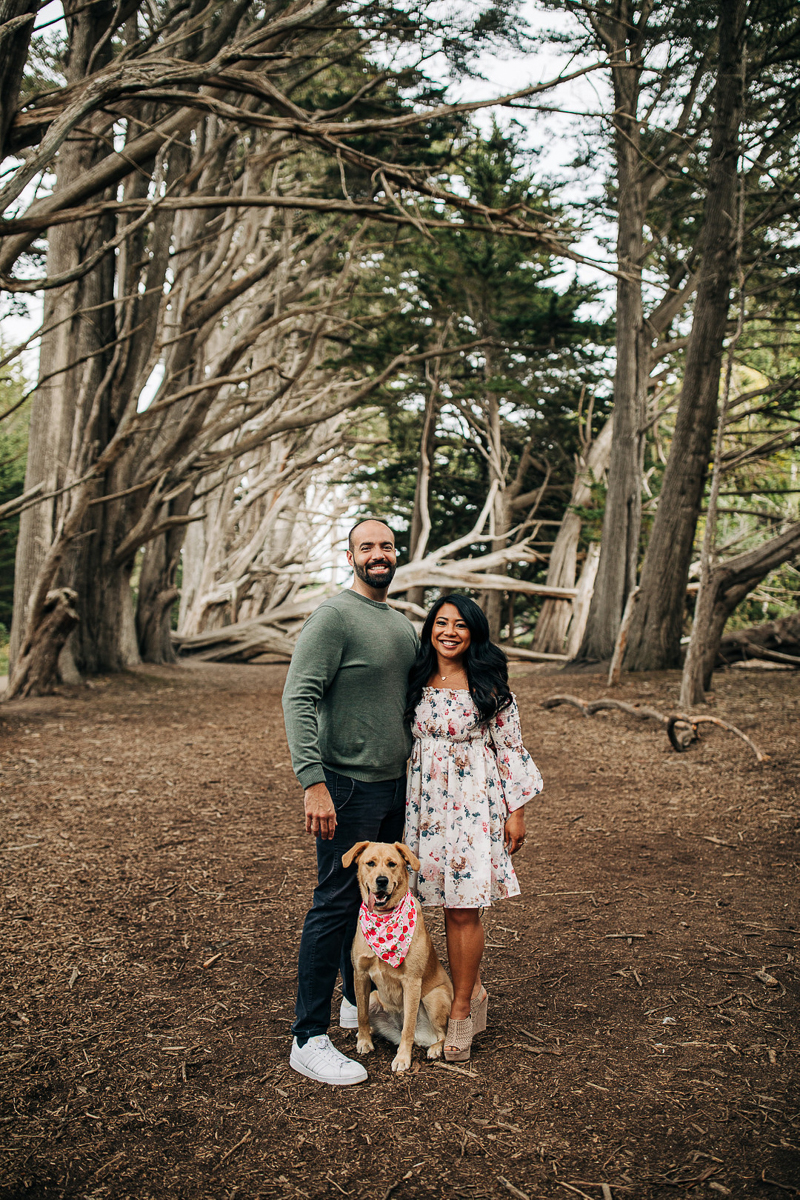 couple standing in Cyprus forest while their retriever mix sits in front of them | ©Love and Latitudes | dog-friendly engagement, 