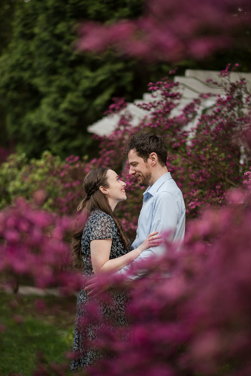 romantic engagement photos, azalea bush in foreground, Sayen Gardens | Creative Image Weddings & Portraits