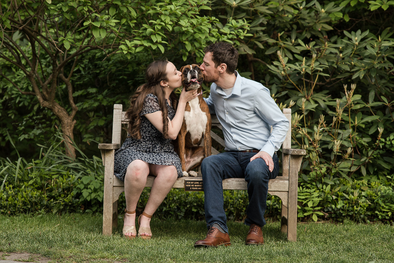 couple sitting on bench and kissing their dog, dog-friendly engagement | Creative Image Weddings & Portraits