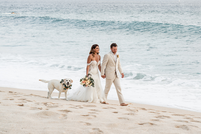dog-friendly beach wedding, bride and groom walking along beach with Yellow Lab | ©Fabi Rosas Wedding Photography
