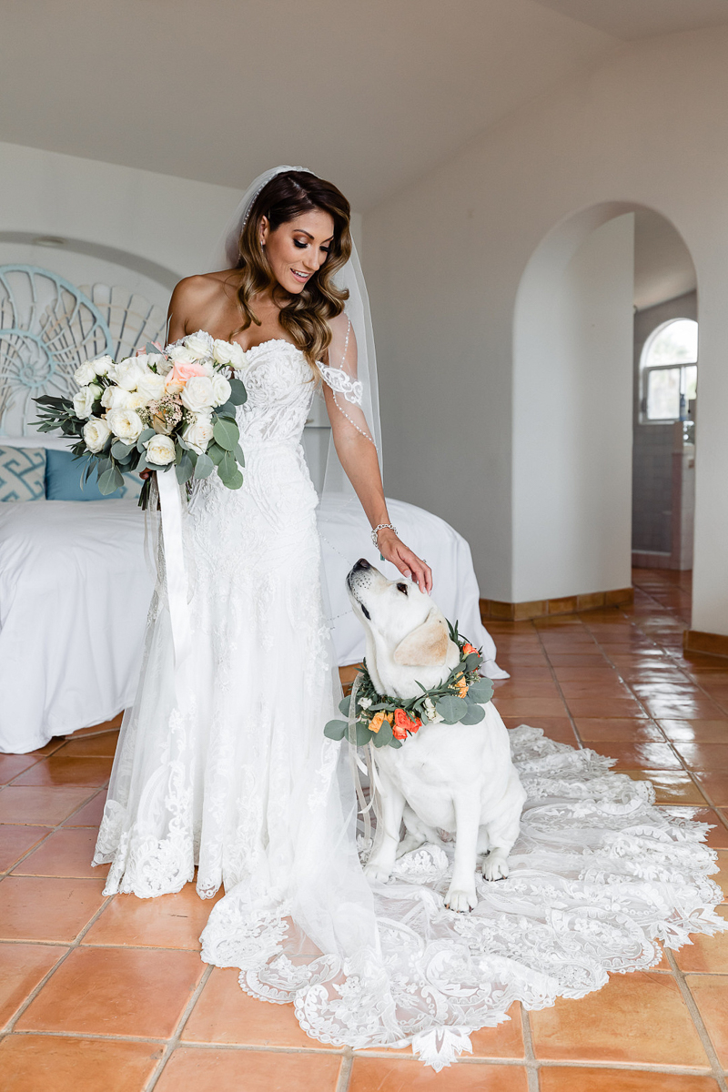 bride and her dog in hotel room | dog-friendly wedding ideas | ©Fabi Rosas Wedding Photography