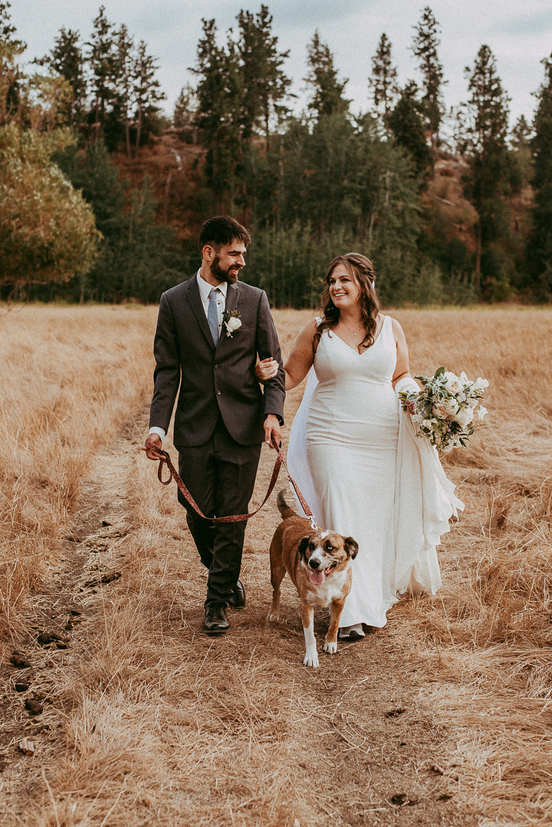 bride, groom, and dog, outdoor wedding cute Aussie mix ©Shutterkey Photography