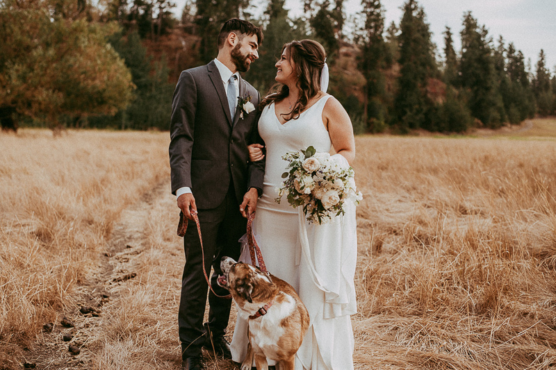 bride, groom, and dog, outdoor wedding cute Aussie mix ©Shutterkey Photography