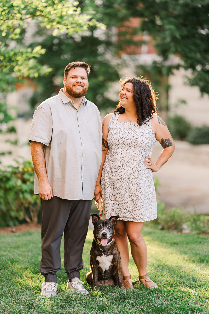 fun engagement session with pit bull in park ©Sarah Larae Photography | Coolidge Park, Chattanooga, TN