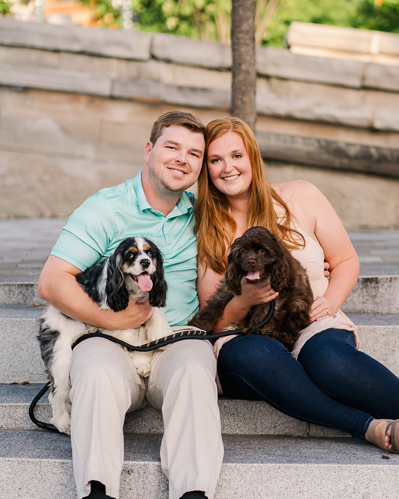 engagement photos with dogs, couple and their dog sitting on steps | ©Sarah Larae Photography