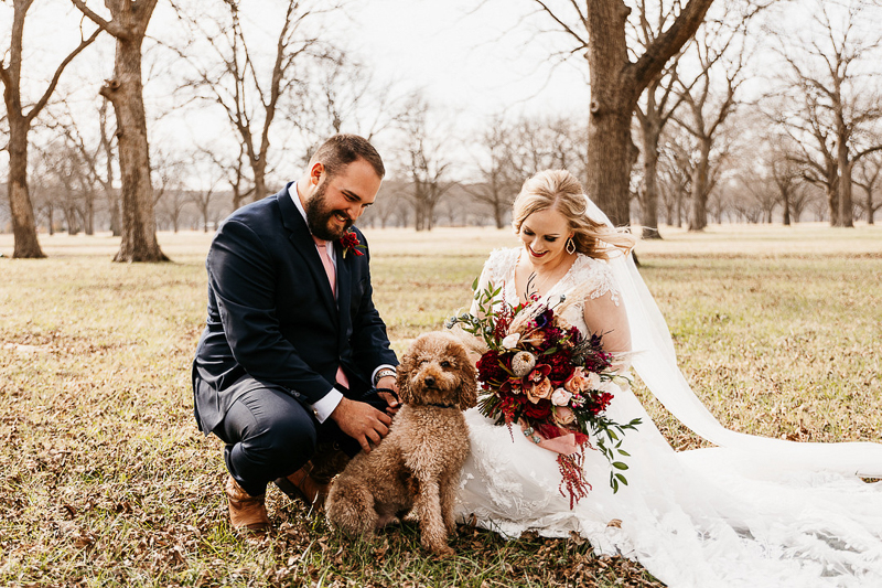 bride and groom and their Goldendoodle | ©Kelsey Marie Photography | Tulsa, Oklahoma