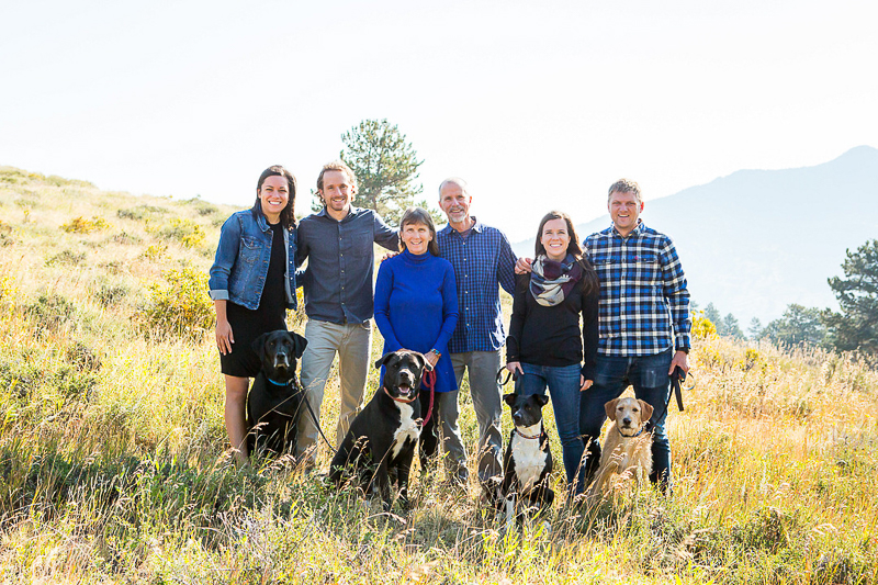 6 humans, 4 dogs standing on hillside, dog-friendly family portraits, ©Nichole Emerson Photography
