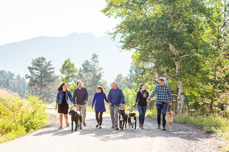 celebrating 40th anniversary with family trip, 6 humans, 4 dogs walking, dog-friendly family portraits, ©Nichole Emerson Photography