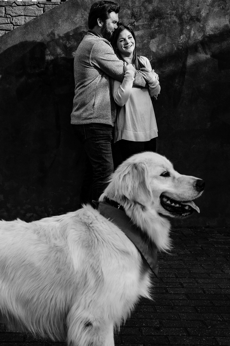 black and white engagement photos with dog in foreground | ©Party of Two Photography