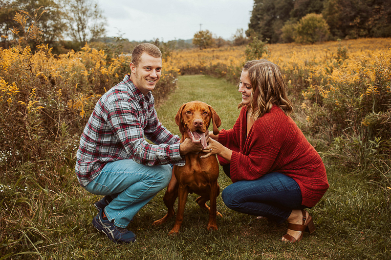 couple and their Vizsla in a field, dog-friendly engagement session | OnFaith Photography