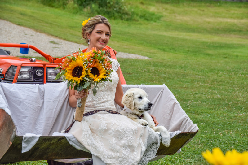 bride and puppy riding in tractor bucket, ©Photos by Miss Kris, dog-friendly wedding, country wedding ideas