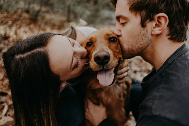 couple kissing their dog, dog-friendly engagement photos | Roswell, GA, ©Nathalia Frykman Photography