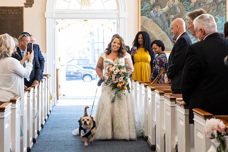bride and her dog walking down the aisle, ideas to include dogs in wedding